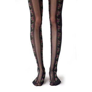 Black vintage rose pattern print floral tights